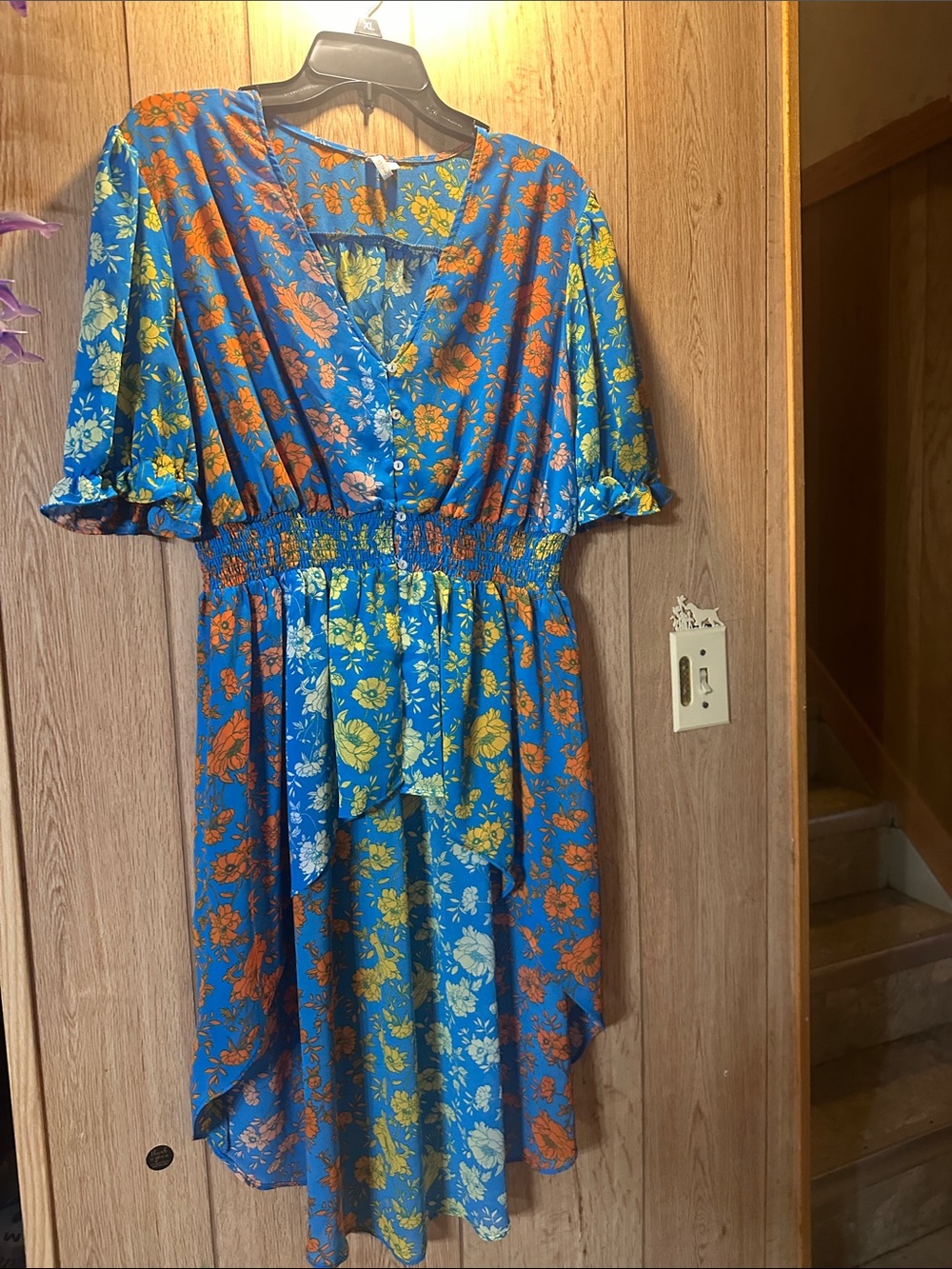 Floral Blue V-Neck Ruffle Dress - Yellow & Orange Floral